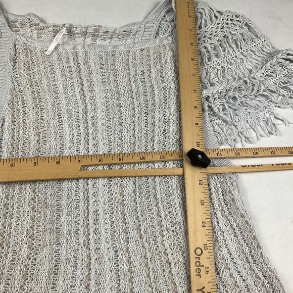 Free People Open Knit Boho Top Gray Short Sleeve Crochet Trim Festival Shirt S - Picture 8 of 11
